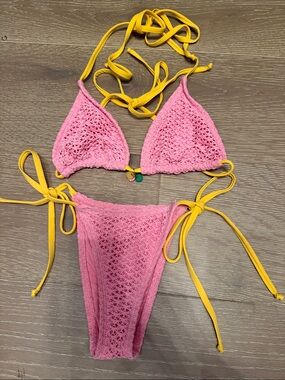 Dippin' Daisy's Pink Crochet Bikini with Yellow Ties- Xs bottom, L top